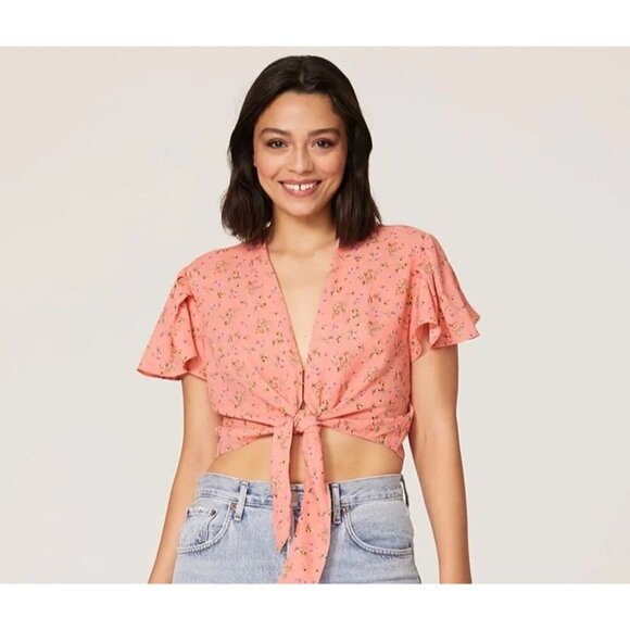 Color Me Courtney 8 Ellie Top Crop Pink Floral Tie Front Flutter Feminine Fairy - Picture 2 of 11